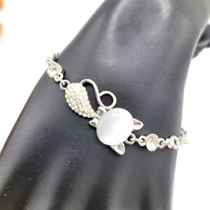 Cat Bracelet Silver Tone White Cabochon Rhinestone Accents 6.5” + 2” Extender